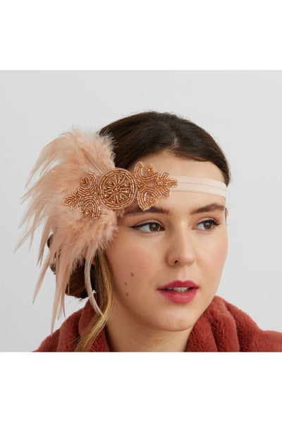 Rosegold - Rose Gold Flapper Headband With Feathers by QueenMee Accessories