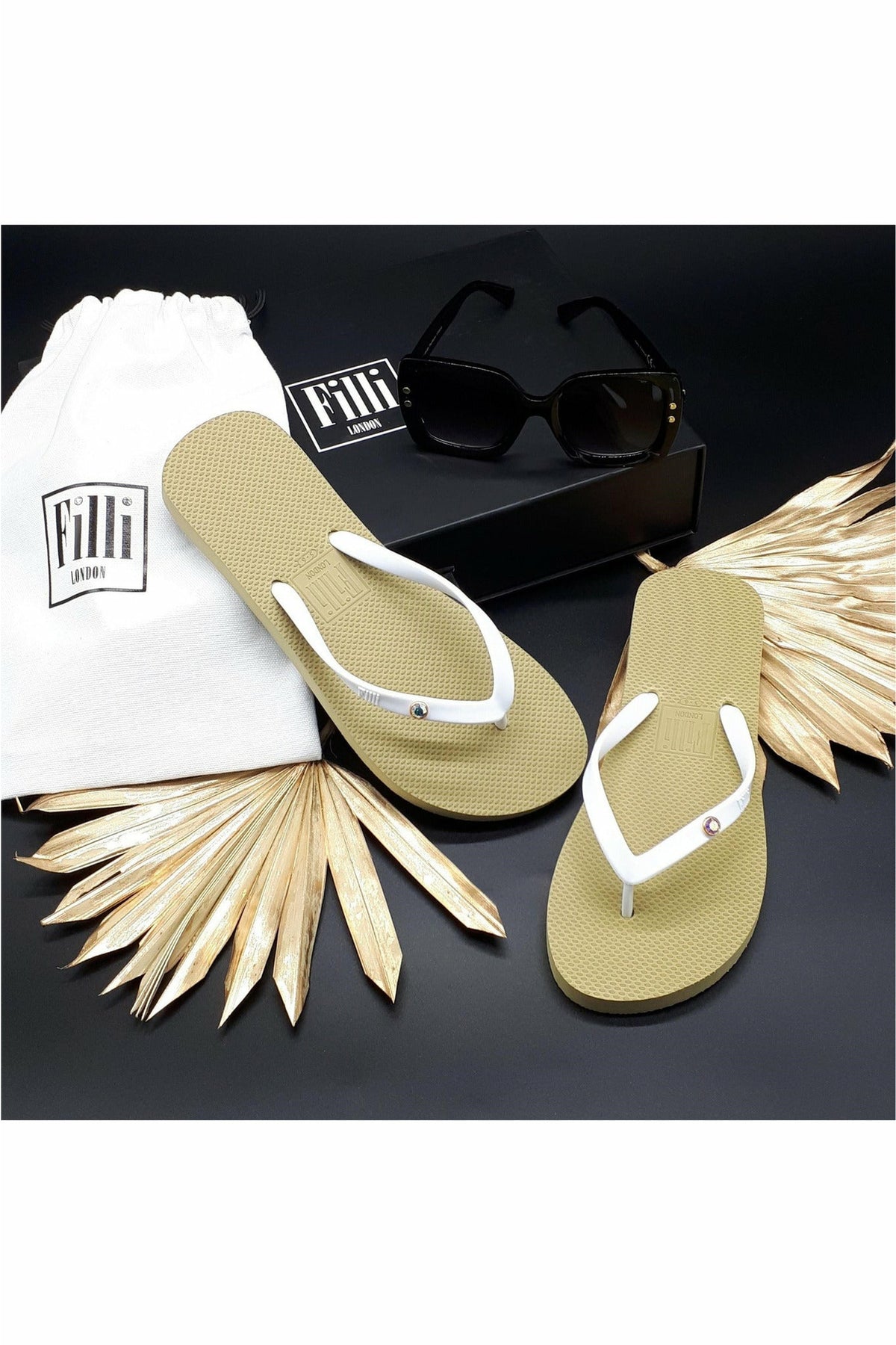 Aurora Crystal Luxury Flip Flops White On Gold 4449797800025