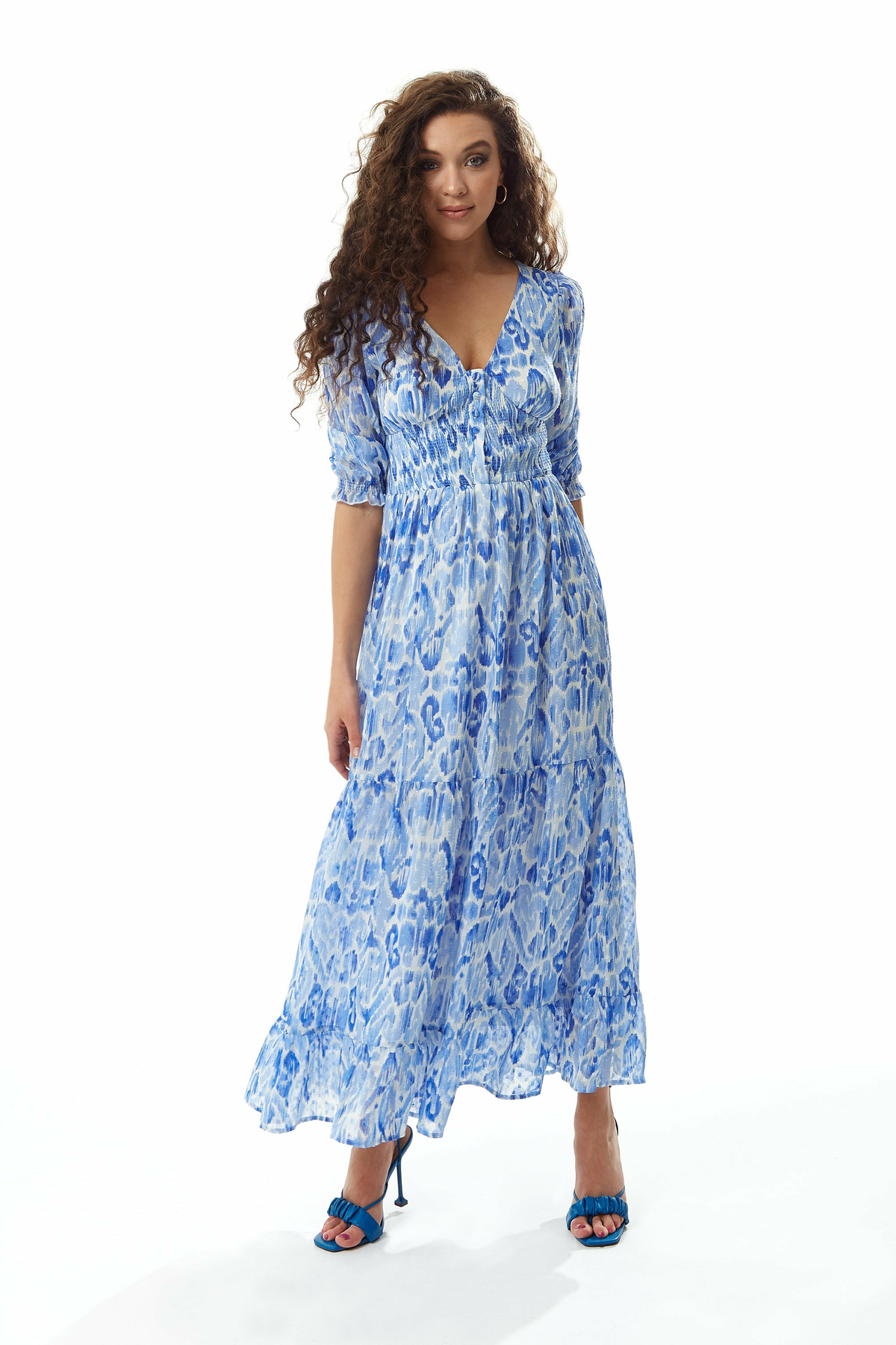 Liquorish Floral Maxi Chiffon Dress in Blue and White Liquorish