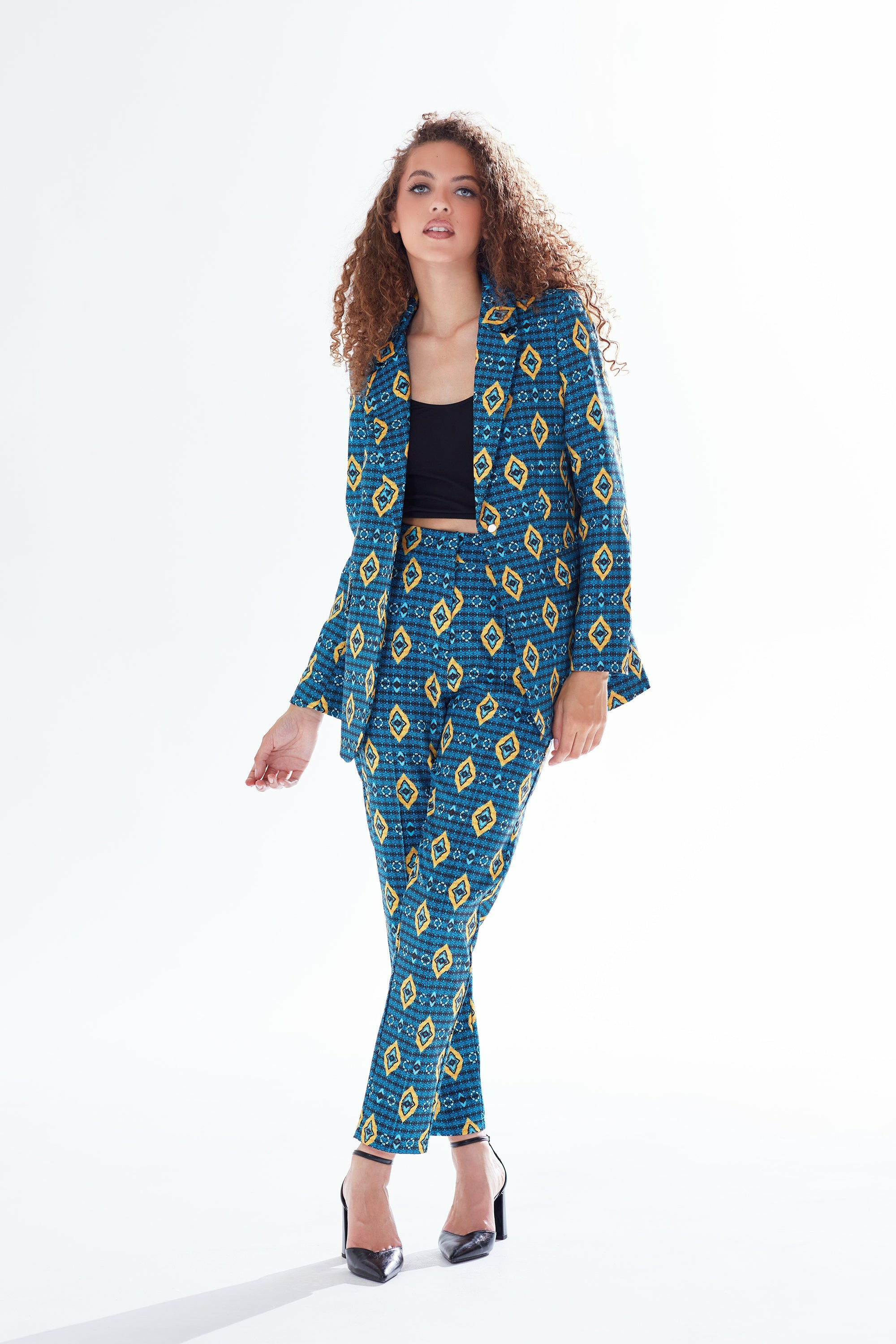 Liquorish African print suit blazer in blue, yellow & navy Liquorish