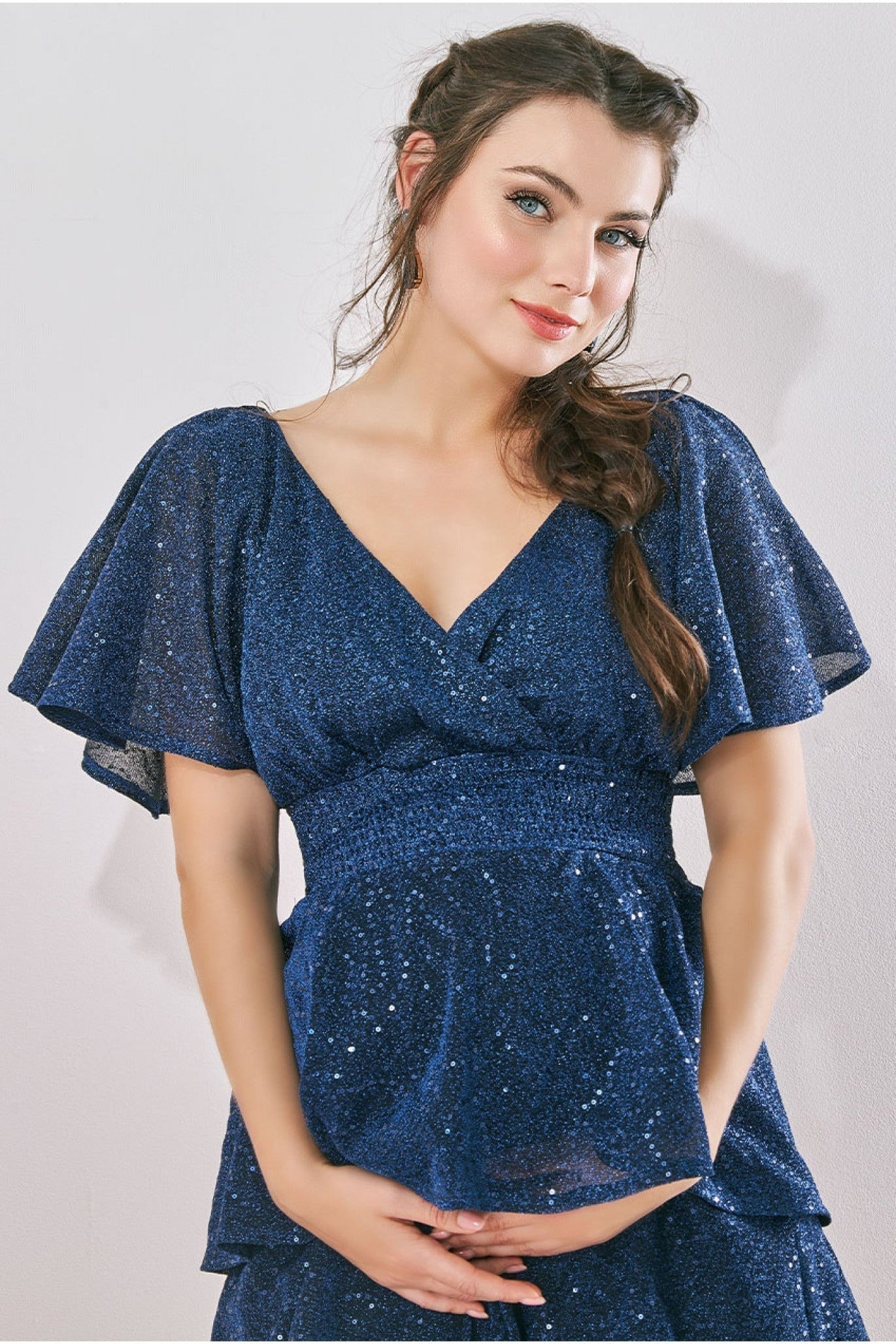 Maternity Sequin Lurex Tiered Maxi Navy DR3657MAT