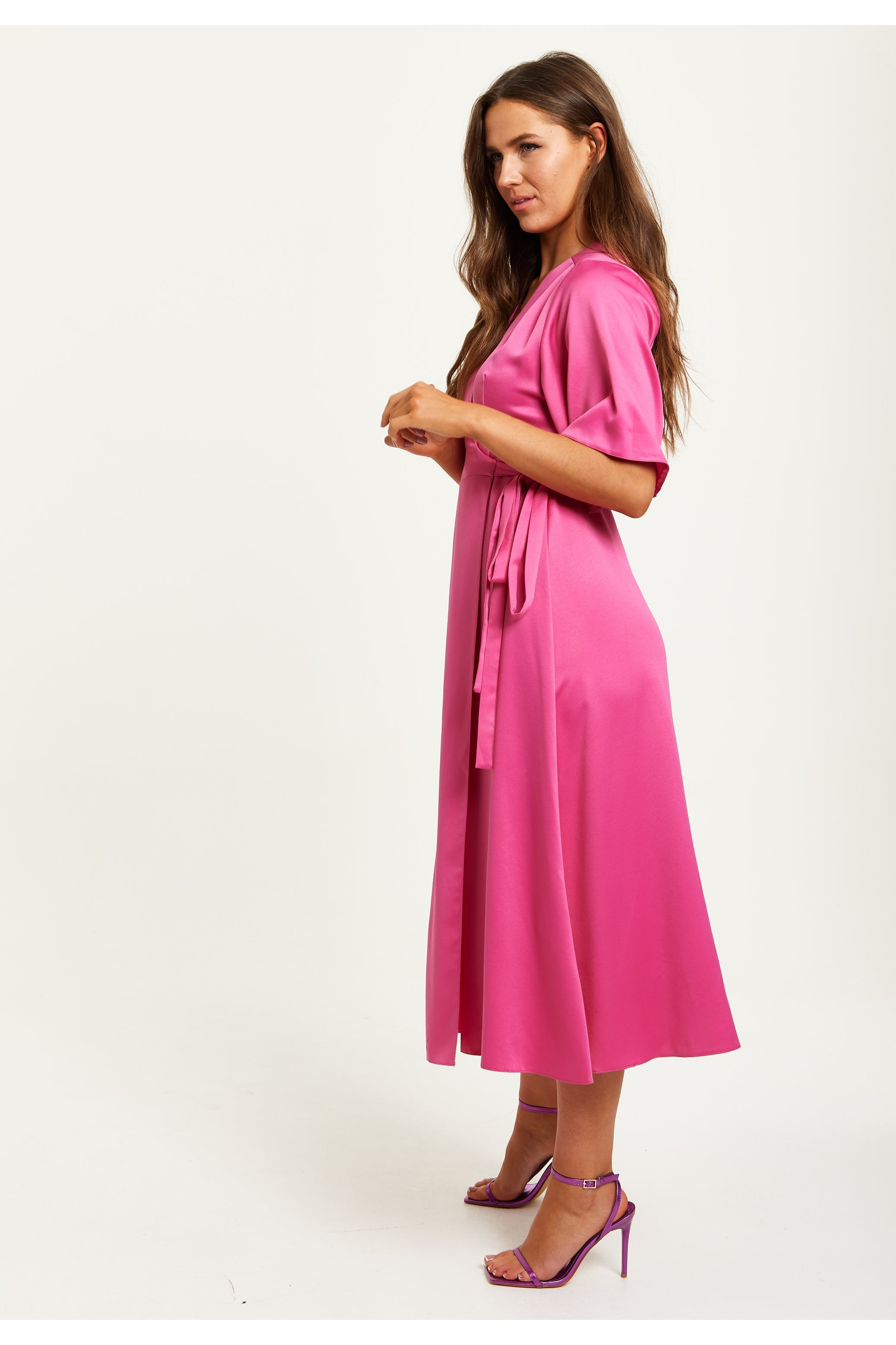 Pink Midi Wrap Dress With Kimono Sleeves C10-LIQKM002