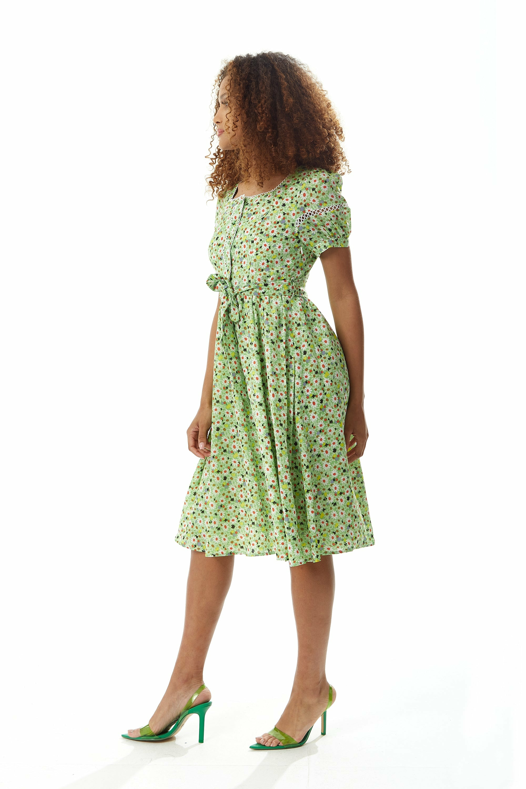 Green Floral Midi Dress With Trim Lace Details C4-LP-L22SS016G