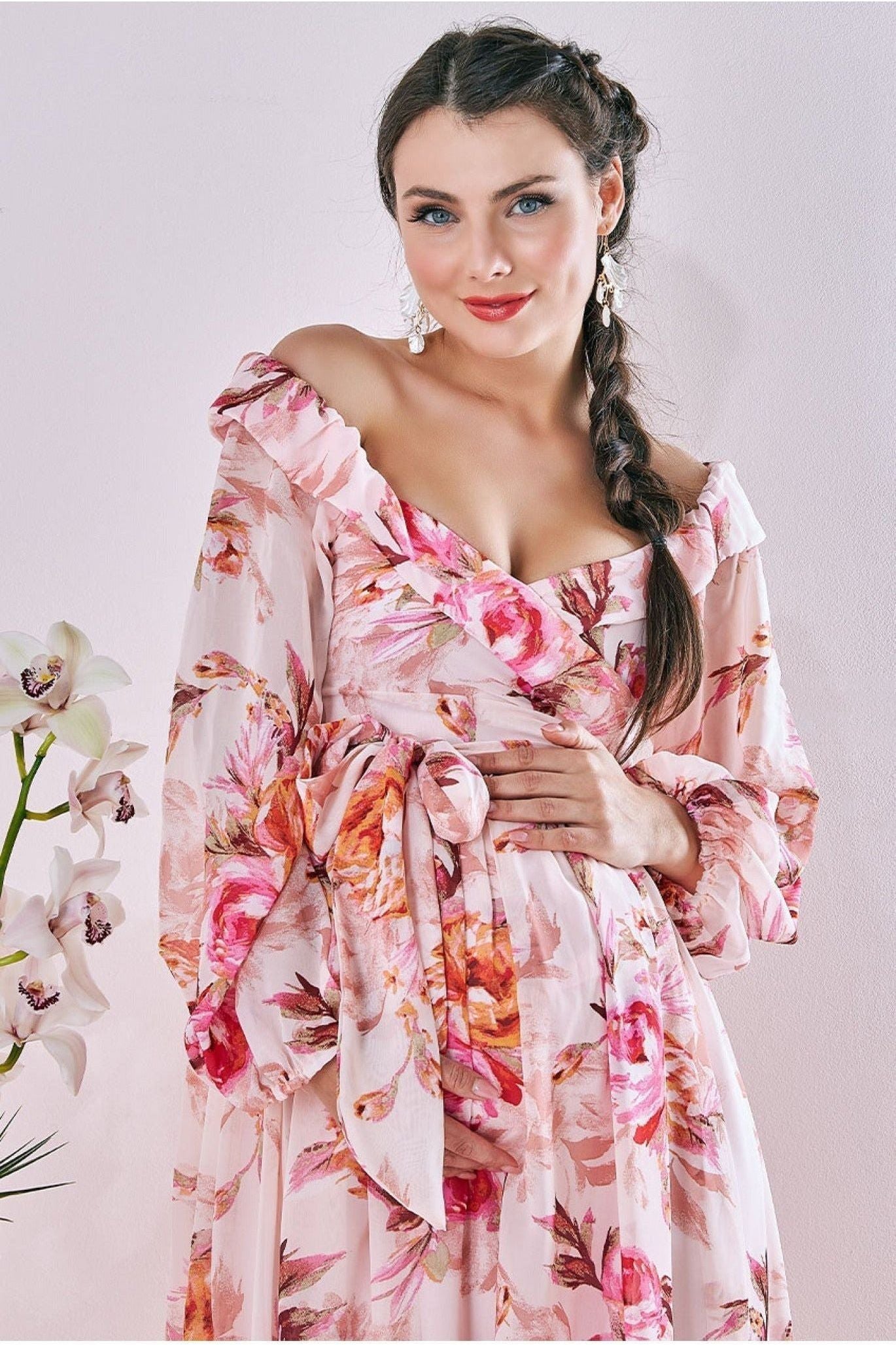 Maternity Drop Shoulder Wrap Maxi Peach DR3327MAT