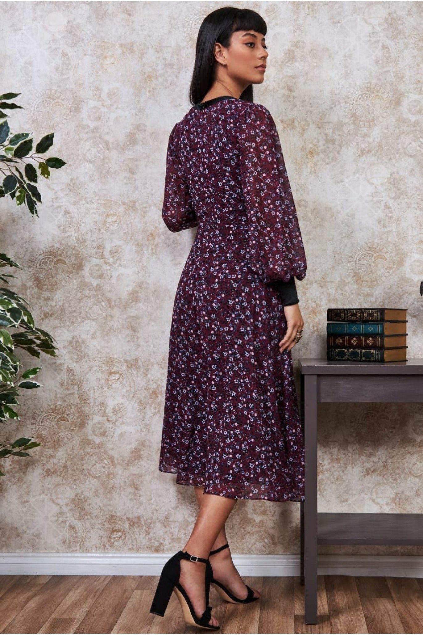 Printed Necktie Midi Dress - Wine DR3270