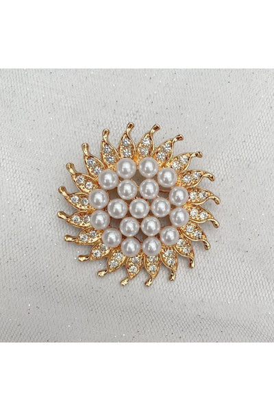 Gold - Sunflower Brooch With Pearl And Crystal by QueenMee Accessories