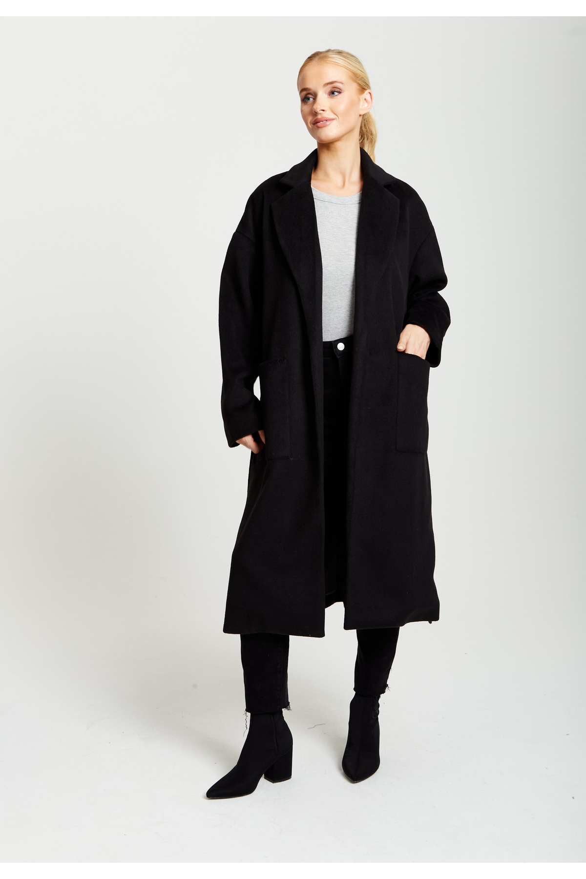 Belted Longline Coat In Black F10-133-CT1803