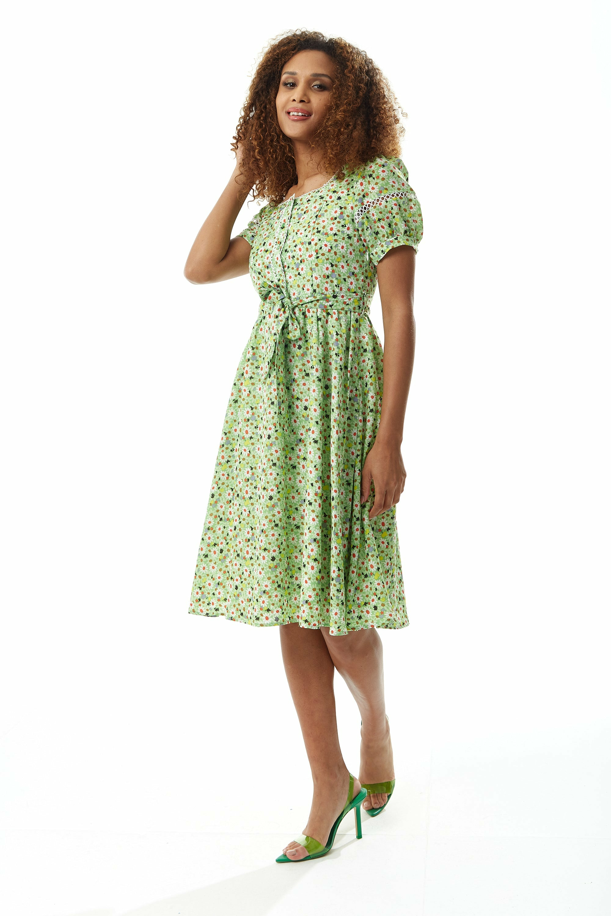 Green Floral Midi Dress With Trim Lace Details C4-LP-L22SS016G