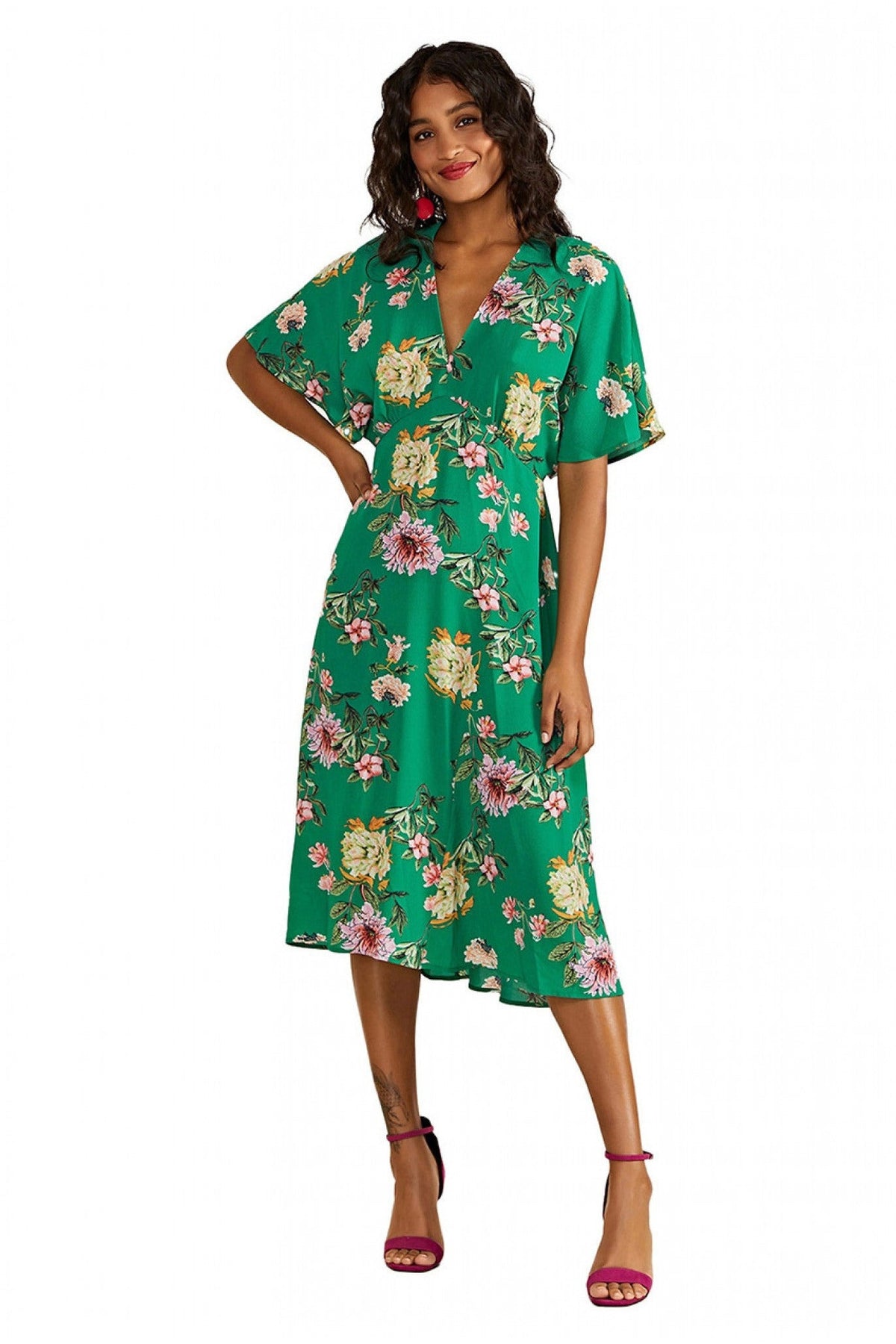 Green Floral Kimono Midi Dress YM3190009