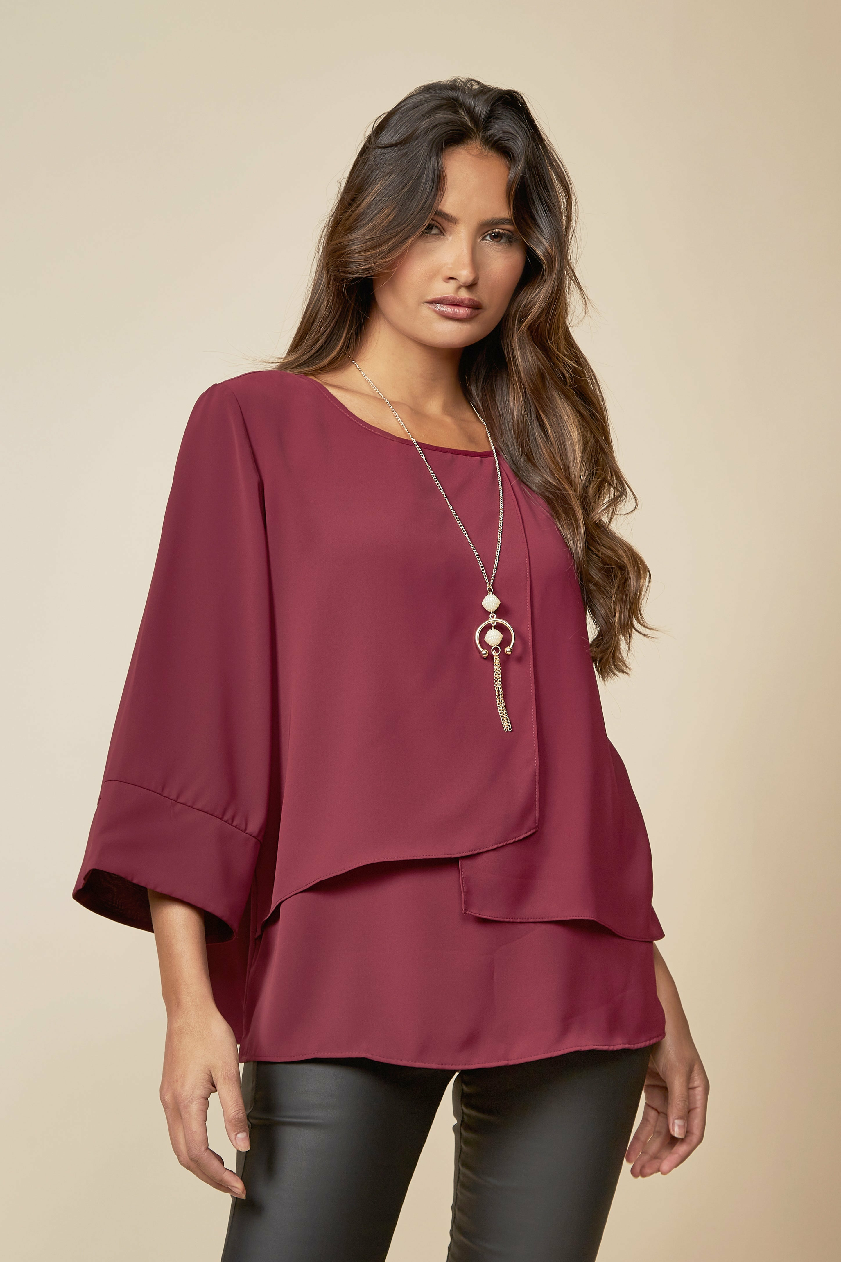 Layered Top With 3/4 Sleeves in Burgundy with Necklace GLR FASHION NETWORKING