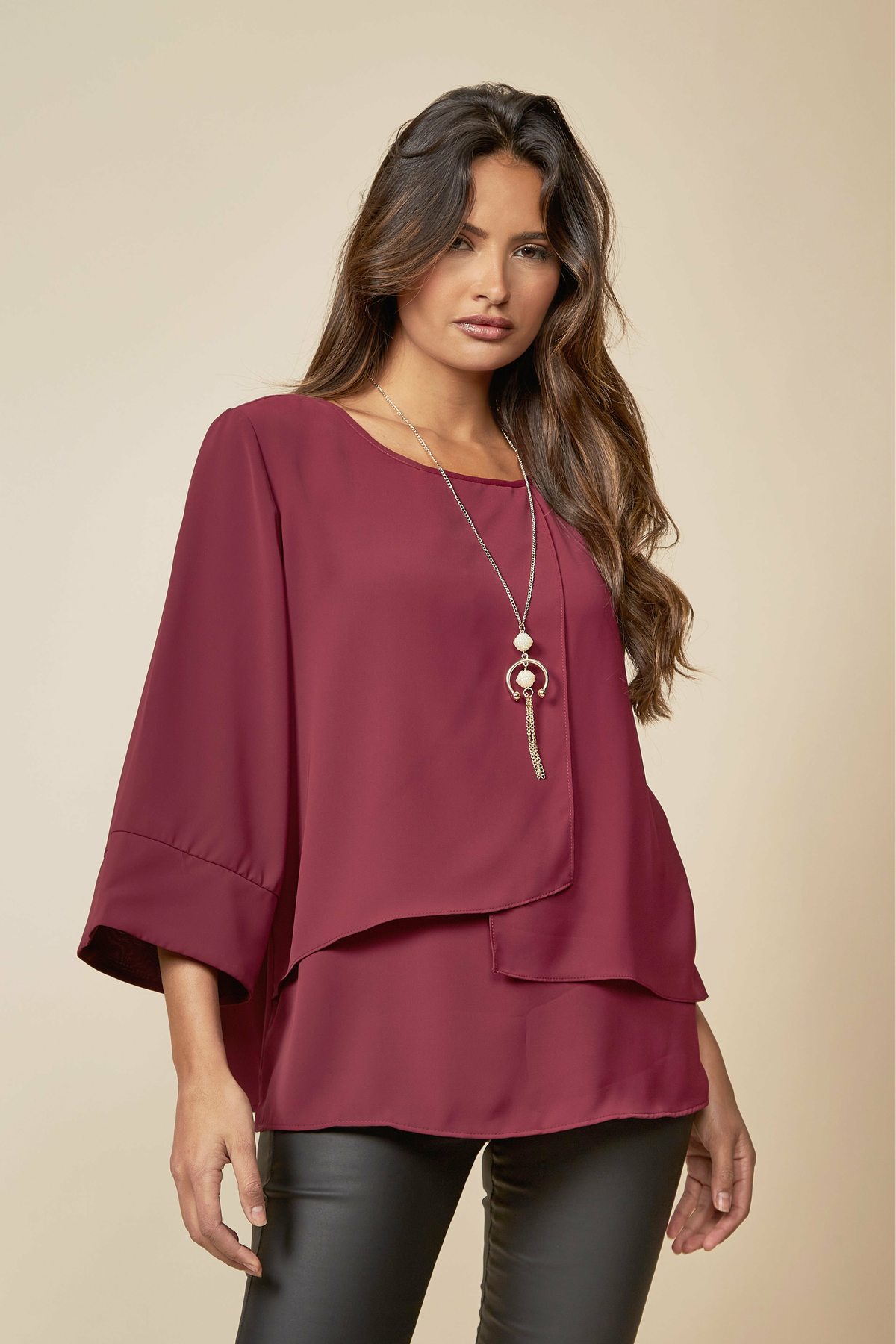 Layered Top With 3/4 Sleeves in Burgundy with Necklace GLR FASHION NETWORKING