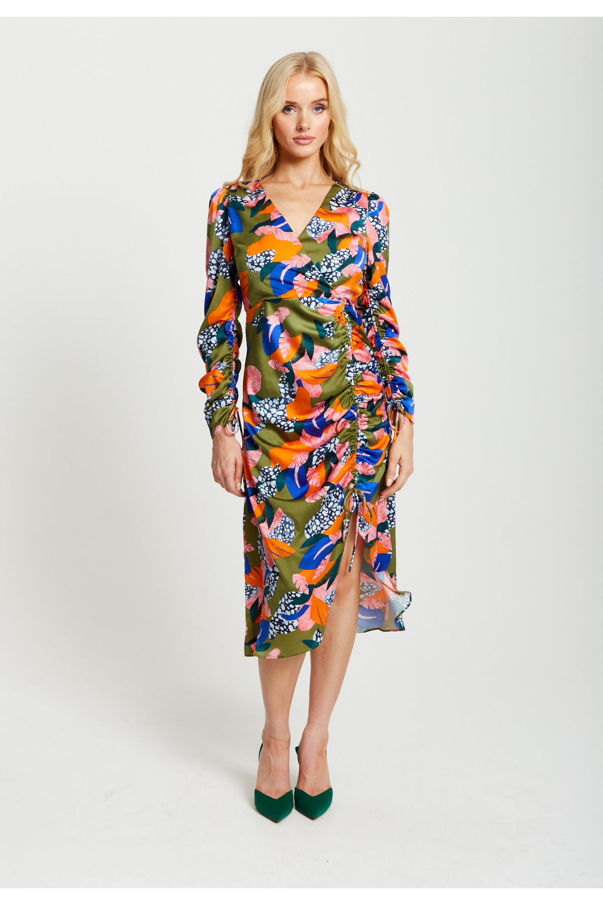 Abstract Leaf Print Midi Ruched Dress In Olive E4-184-LIQ22AW017