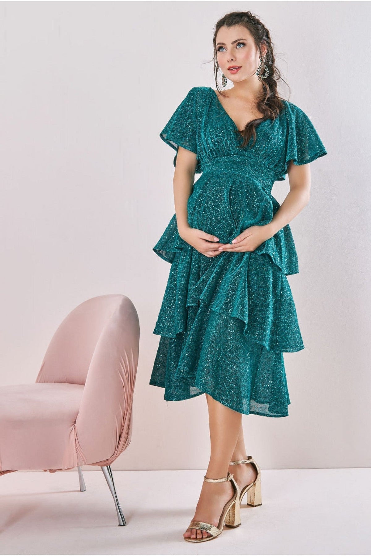 Maternity Sequin Lurex Tiered Midi Teal Blue DR3656MAT