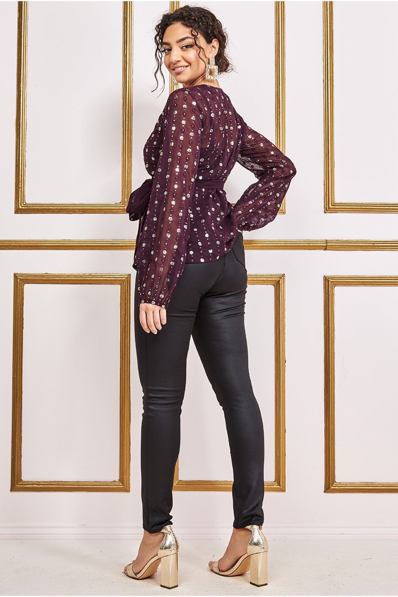 Wrap Sequin Top With Cami - Wine T203
