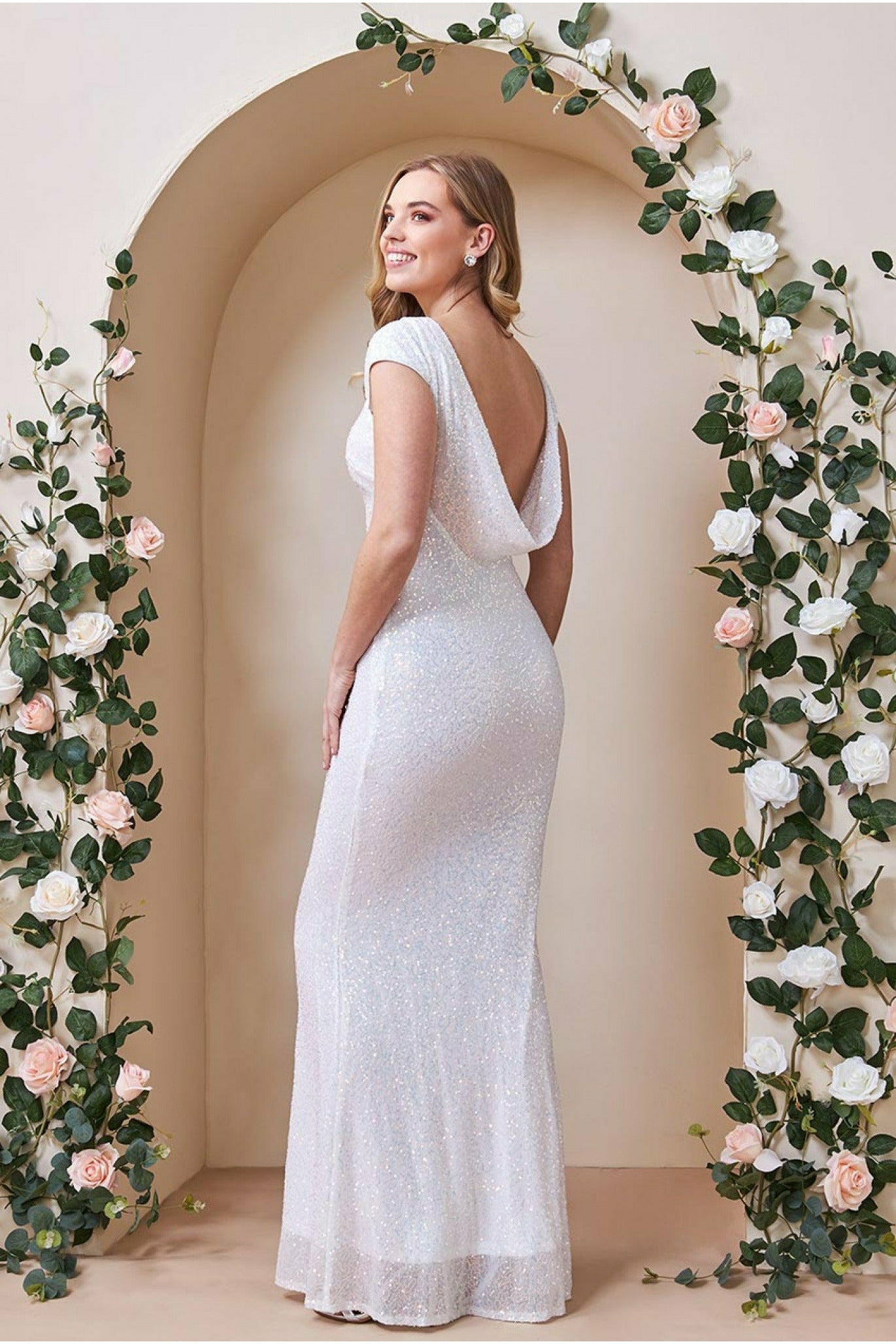 Cowl Back Front Knot Sequin Maxi Dress - White DR3191