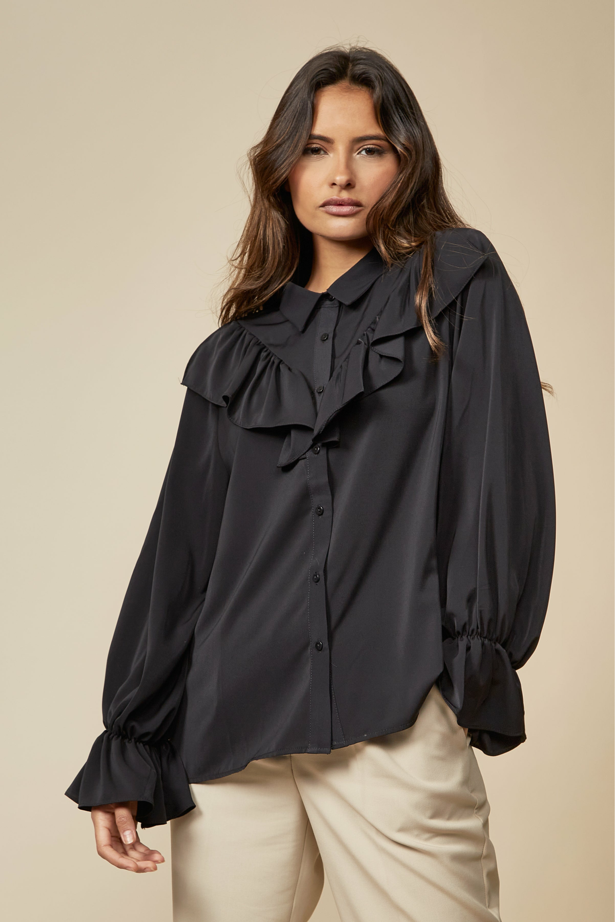 Ruffle Detailed Front with Ruffle Sleeves Shirt in Black GLR FASHION NETWORKING