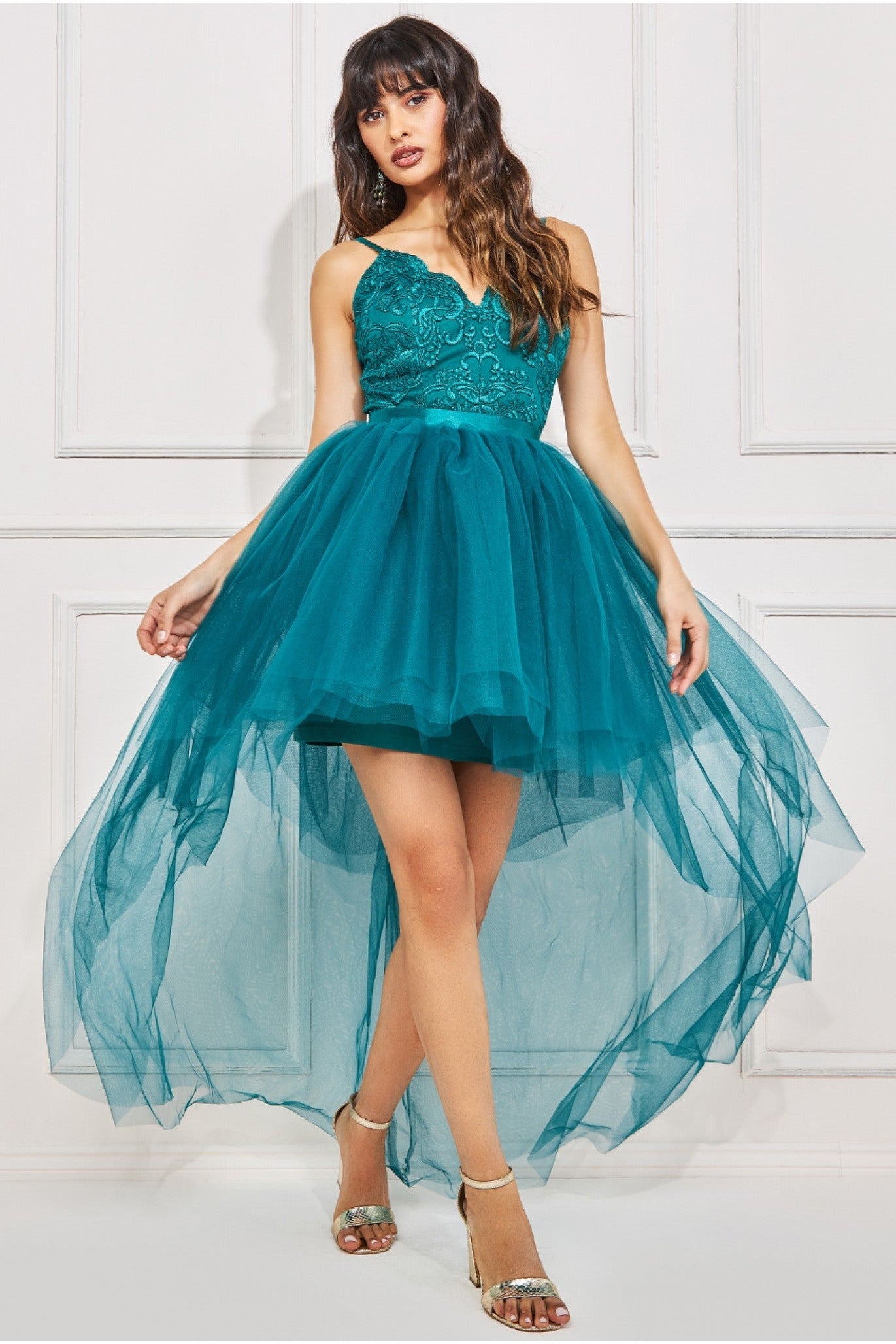 High Low Tulle Mini With Lace Bodice - Emerald DR3061