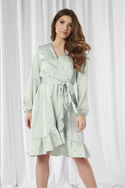 Sagegreen - Sage Frill Satin Wrap Dress by Double Second