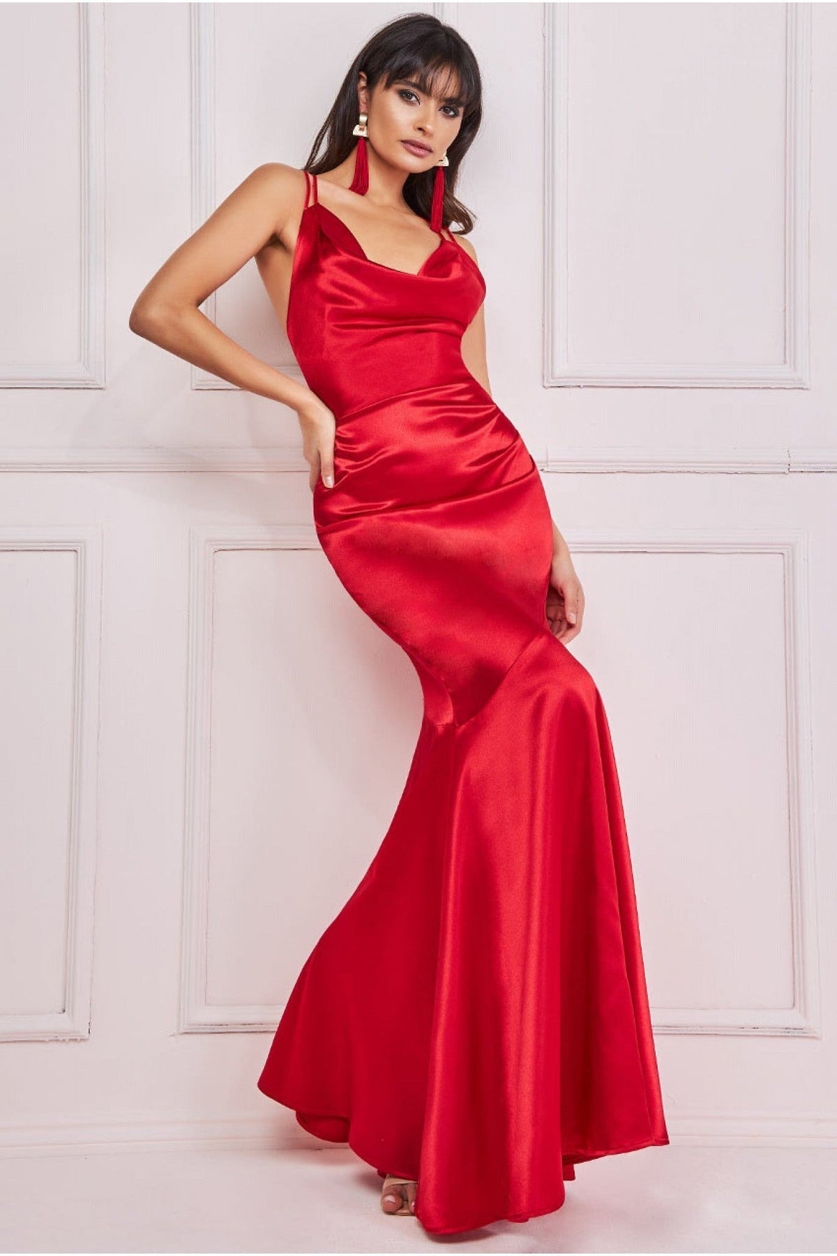 Cowl Neck With Strappy Back Satin Maxi - Red DR2113