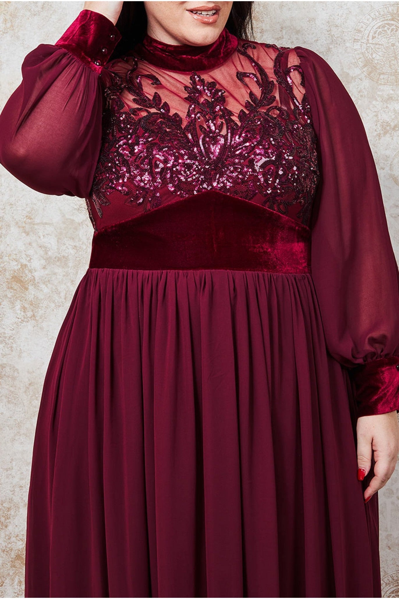 Plus Velvet Band Sequin Bodice Maxi - Wine DR3241P