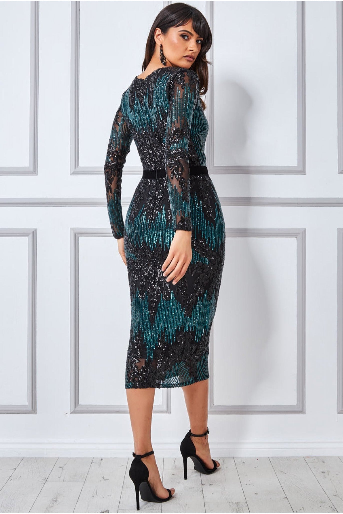 Long Sleeve Sequin Party Midi Dress - Green DR3038