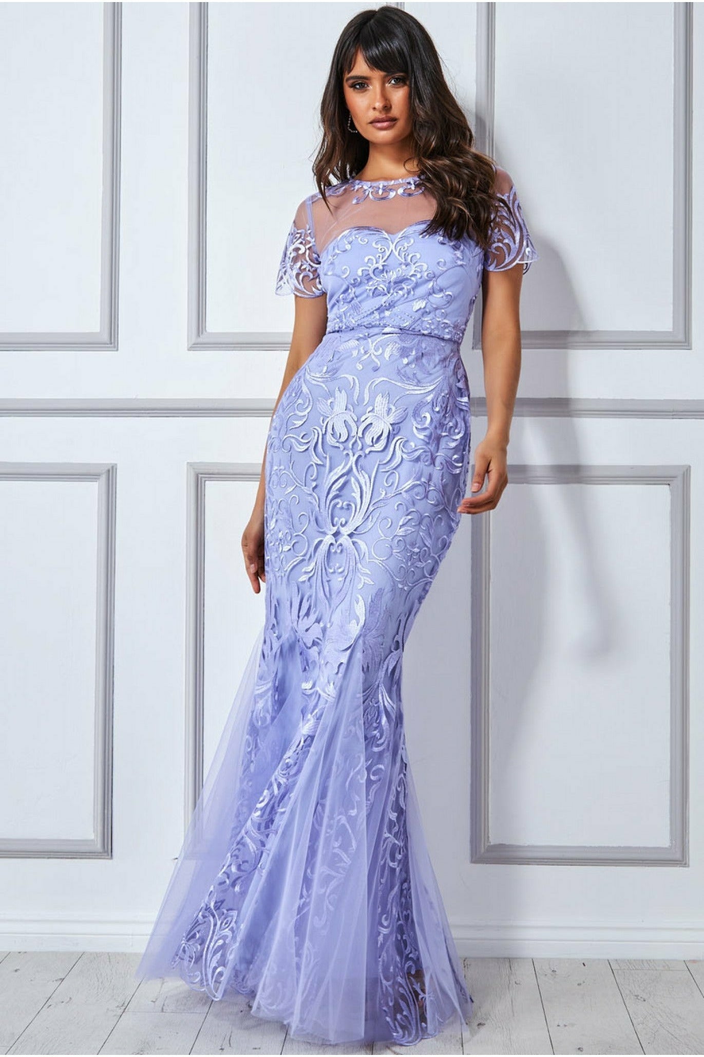 Mesh & Lace Maxi With Scalloped Hem - Lilac DR3253