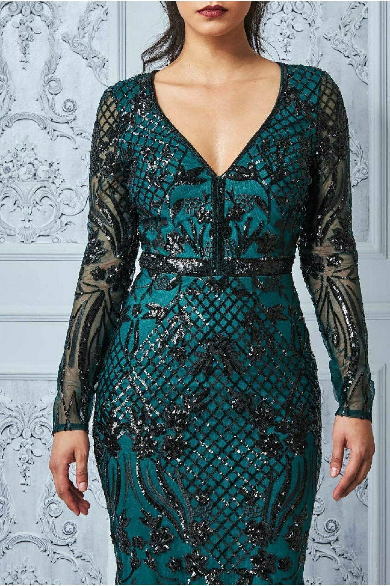 Full Sleeve Sequin Evening Dress - Emerald Green DR3196