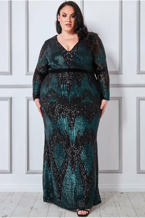 Long Sleeve Sequin Evening Maxi - Emerald by Goddiva Plus
