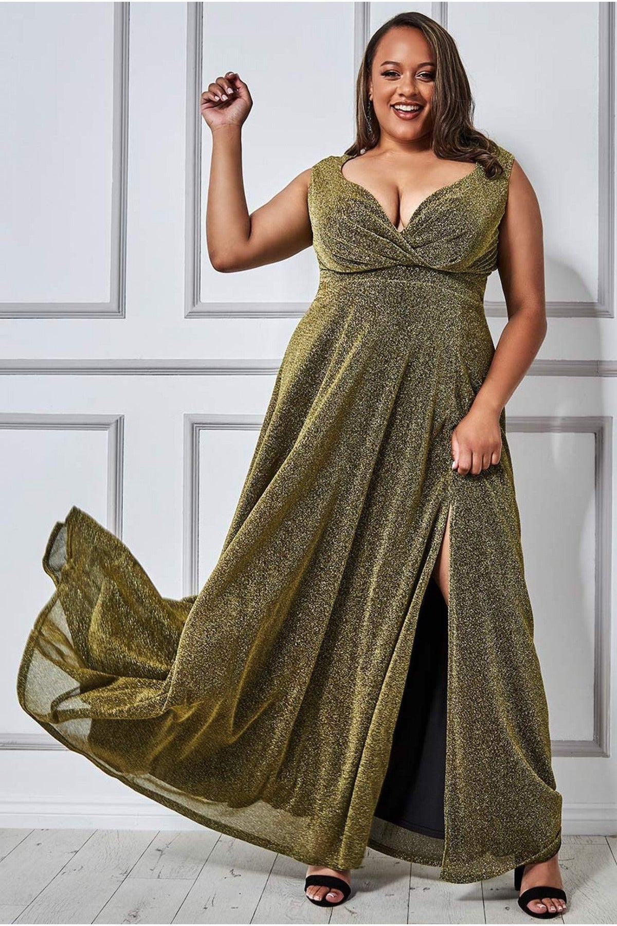 Goddiva Plus Crossover Lurex Glitter Maxi Dress - Gold - Gold / 16