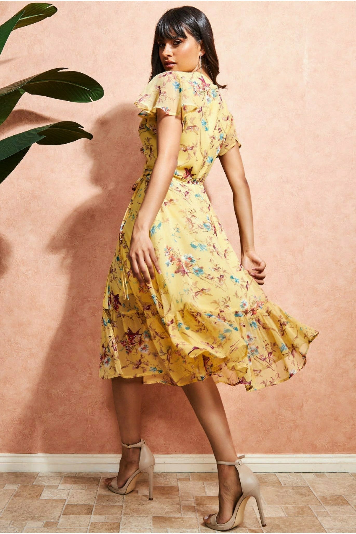 Wrap Flutter Sleeve Floral Midi Dress - Yellow DR3500