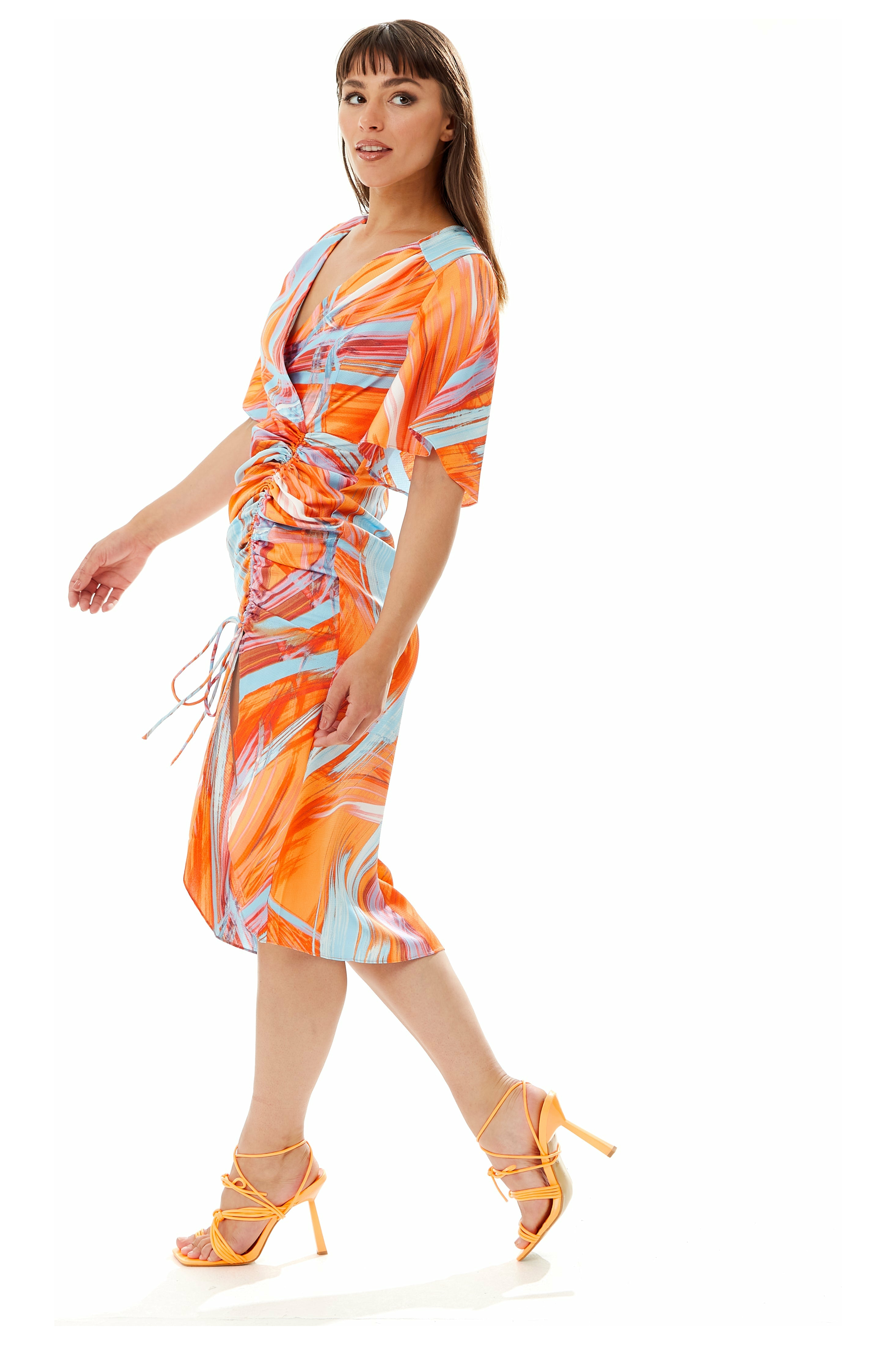 Rouching Abstract Brush Stroke Print Midi Dress B8-92-LIQ22SS129