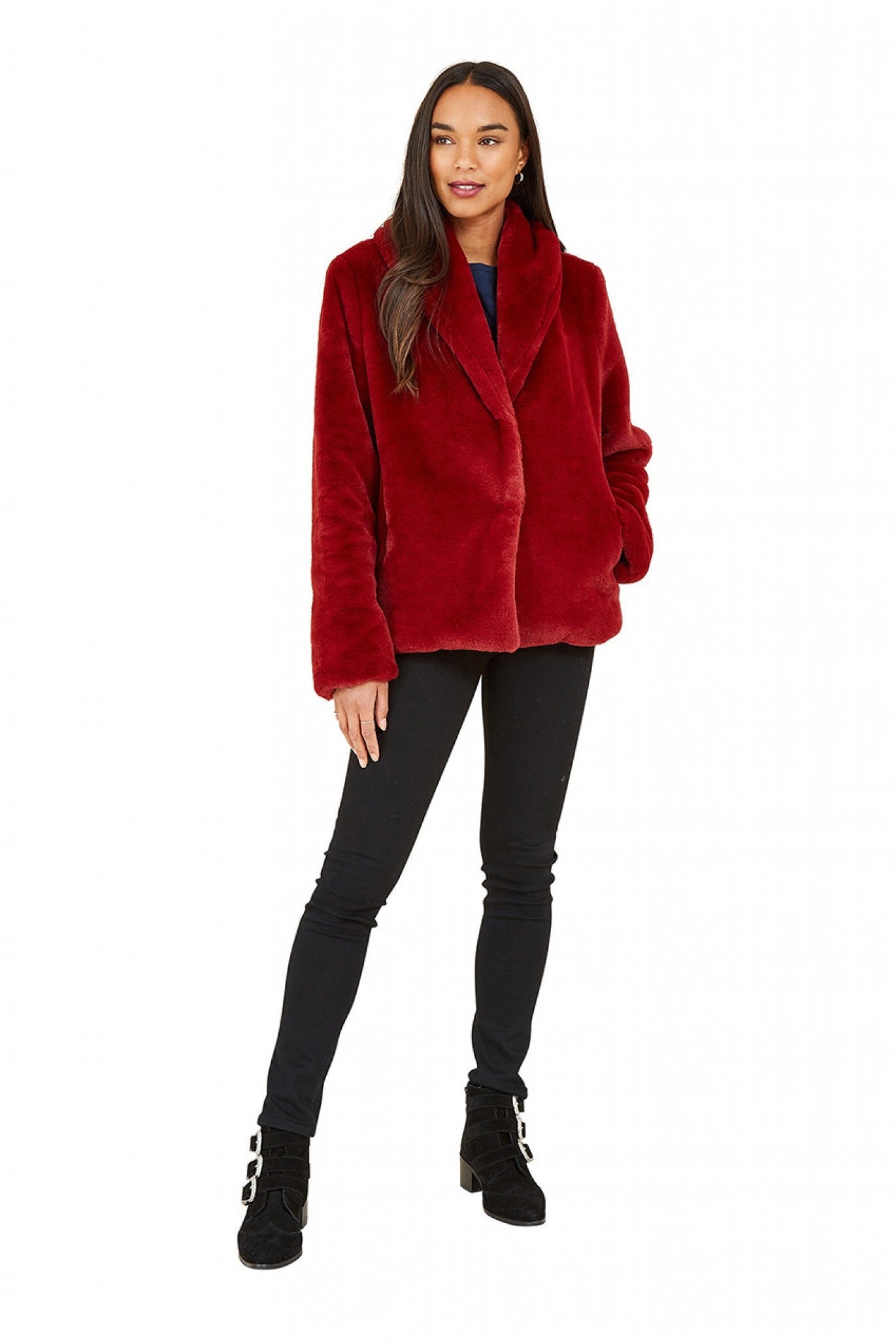 Red Short Wrap Faux Fur Coat YM3681013