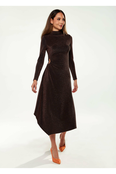 Lurex High Neck Midi Dress In Bronze L5071