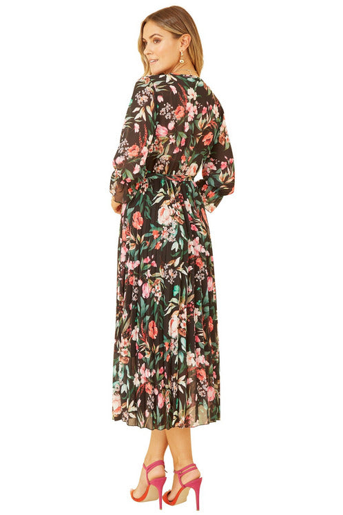 Black Floral Print Midi Wrap Dress With Pleated Skirt Yumi