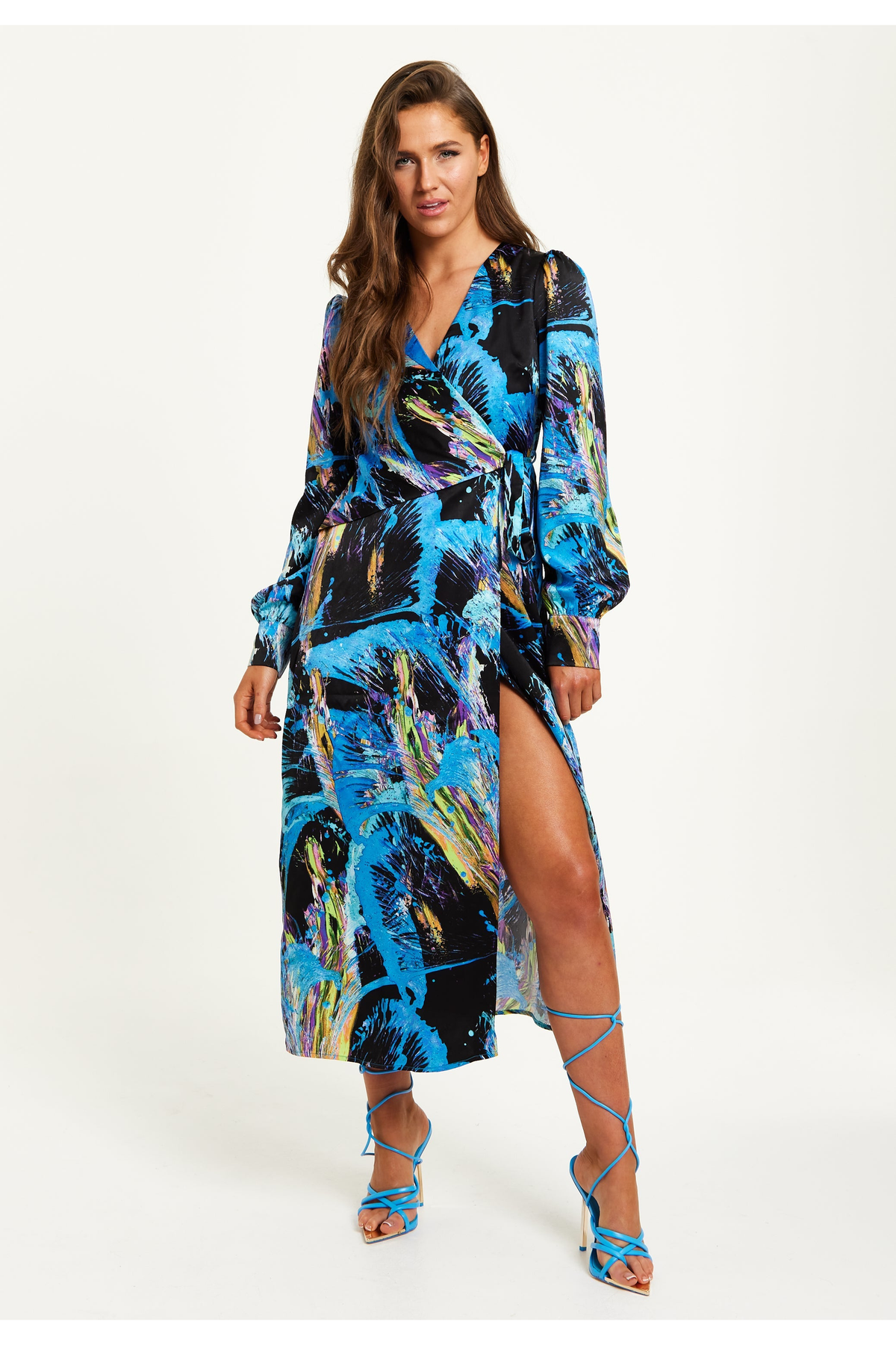 Multicolour Abstract Print Midi Wrap Dress G8-214-LIQ22AW057