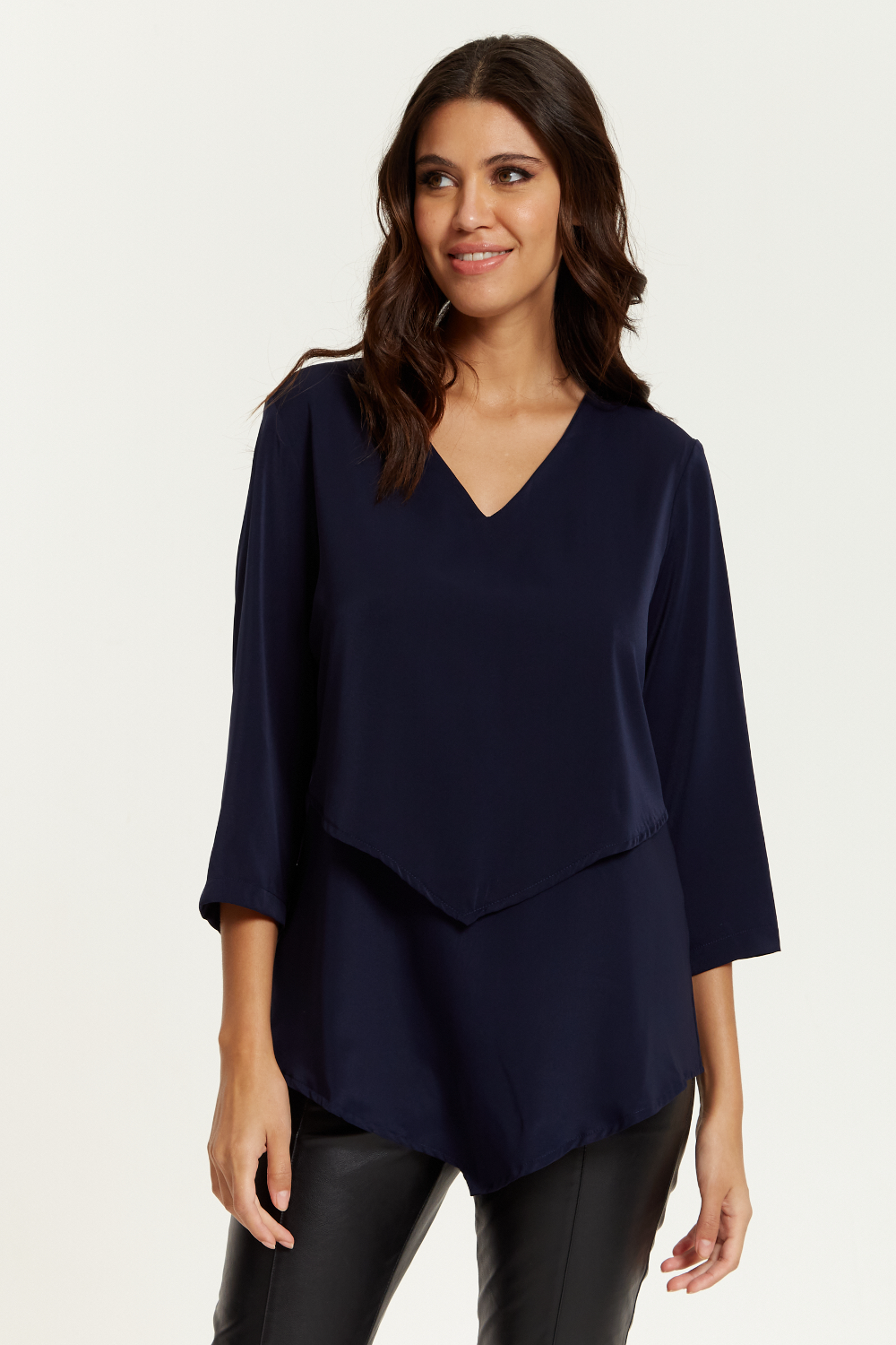 3/4 Sleeves V Neck Layered Relaxed Fit Top in Navy GLR FASHION NETWORKING