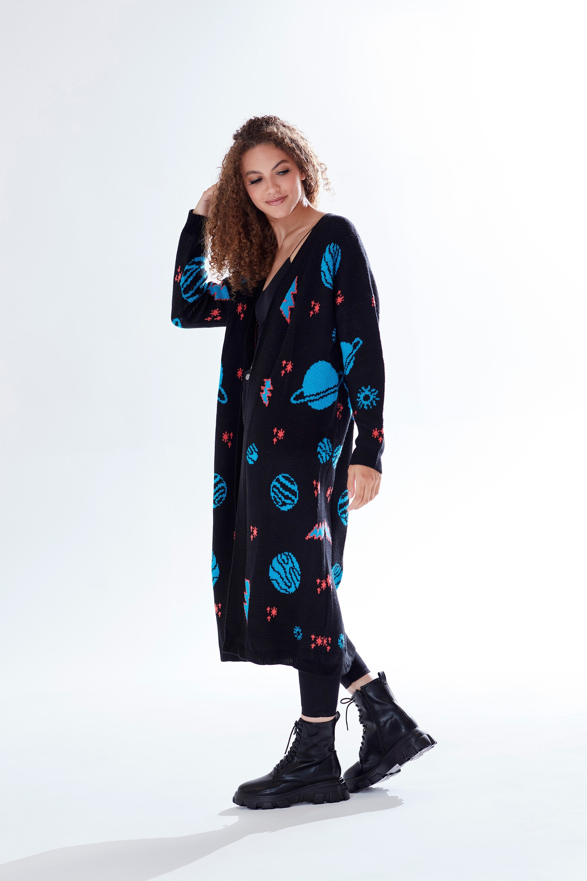 Liquorish Cosmic Pattern Open Front Cardigan in Black, Turquoise & Orange Liquorish