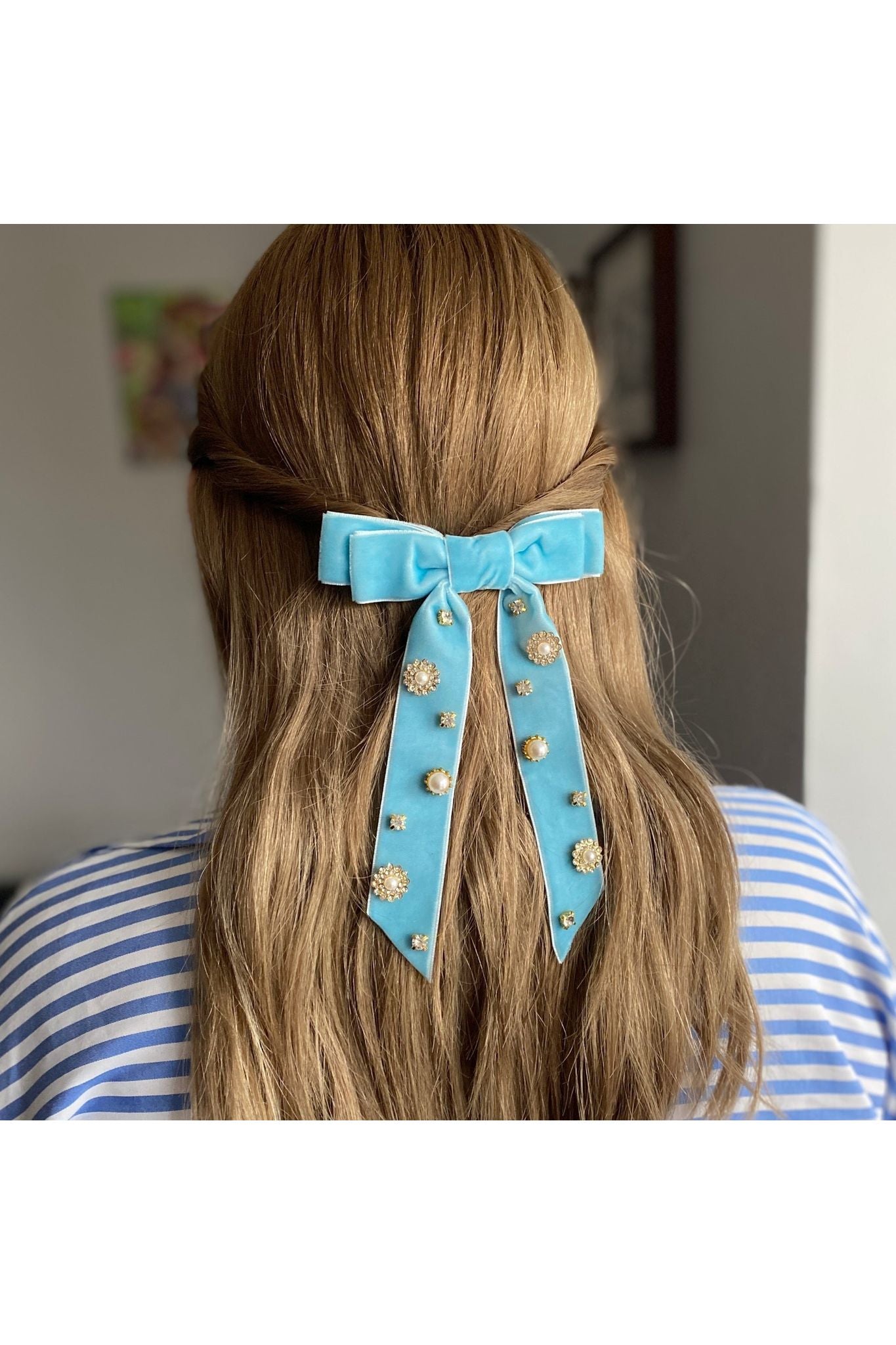 Velvet Bow Hair Clip In Light Blue With Jewels 5060801177832