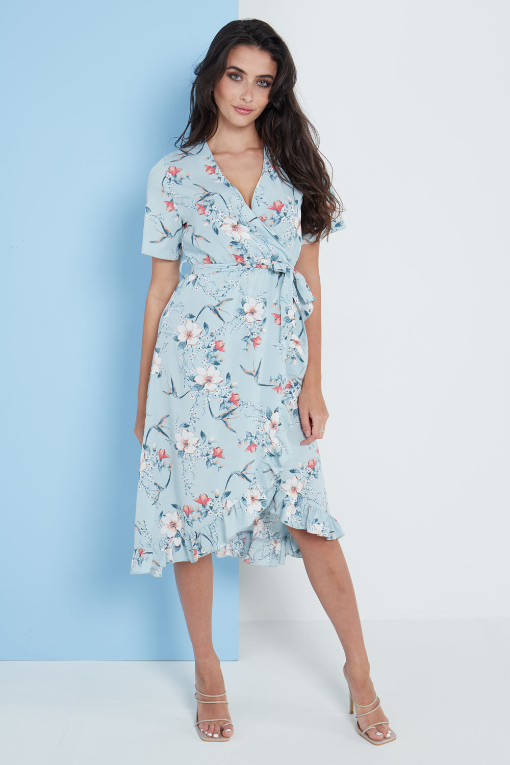 Floral Frill Midi Wrap Dress In Blue | Lilura London | Goddiva