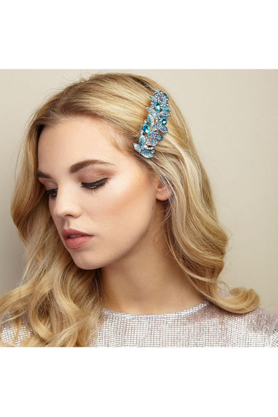 Light Blue - Vintage Hair Clip Rhinestone Leaf by QueenMee Accessories