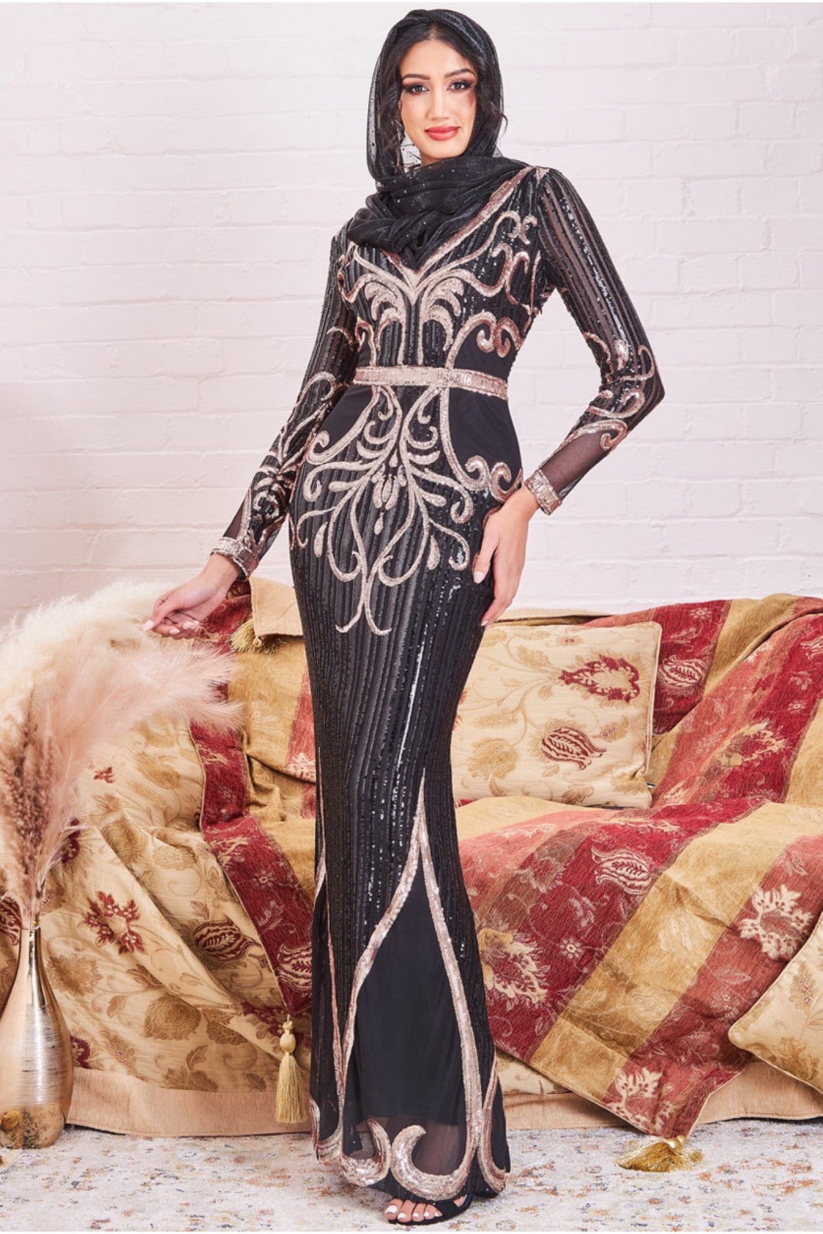 Modesty Sequin & Mesh Maxi Dress - Black DR3235MOD