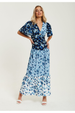 Liquorish Floral Print Midi Dress In Blue Navy And White