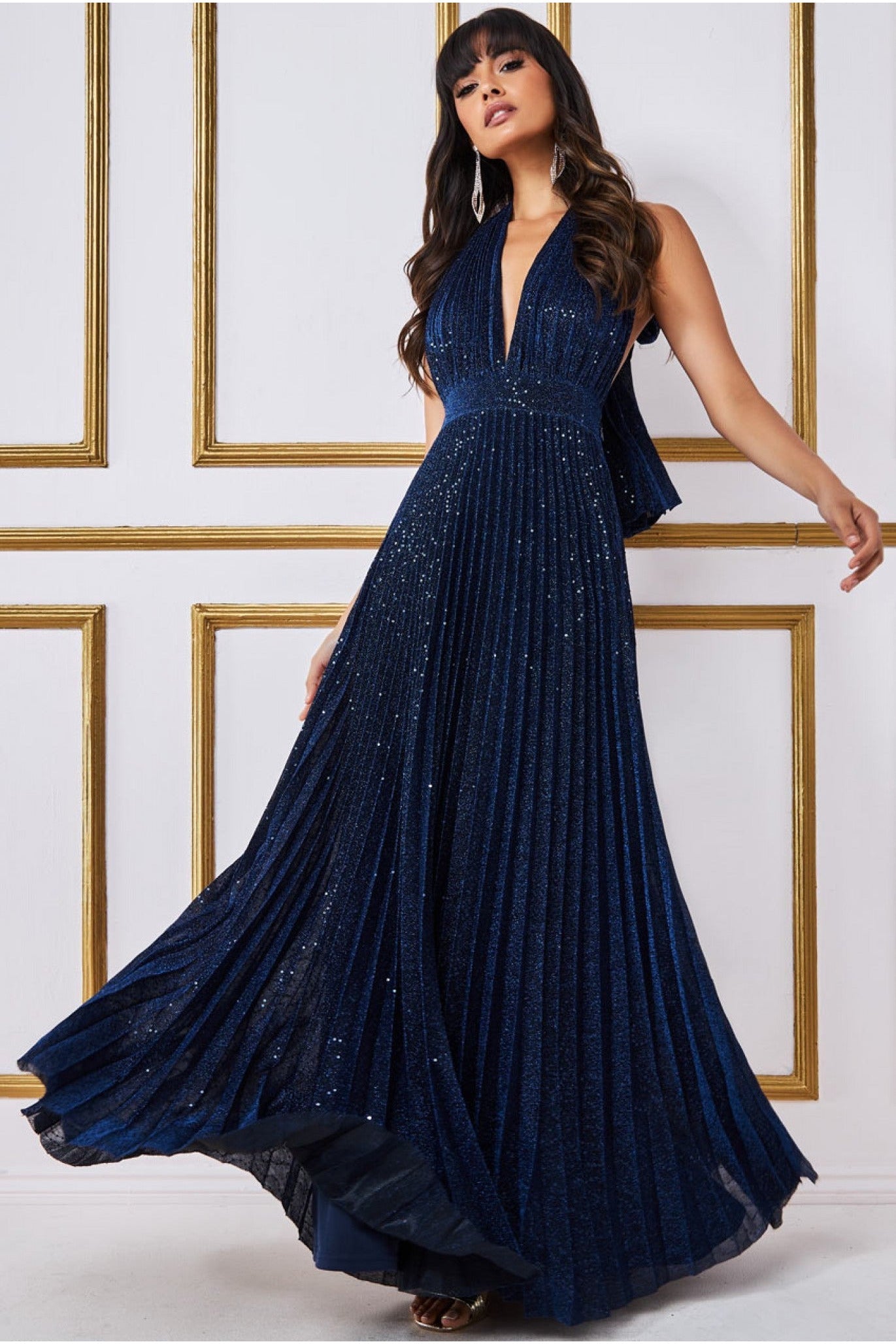 Plunge Halterneck Sequin Lurex Maxi - Navy DR3686