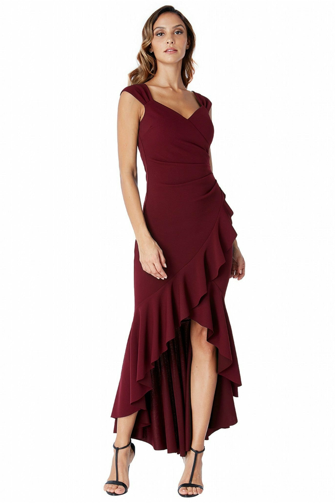 High Low Frill Hem Maxi Dress - Wine DR1834