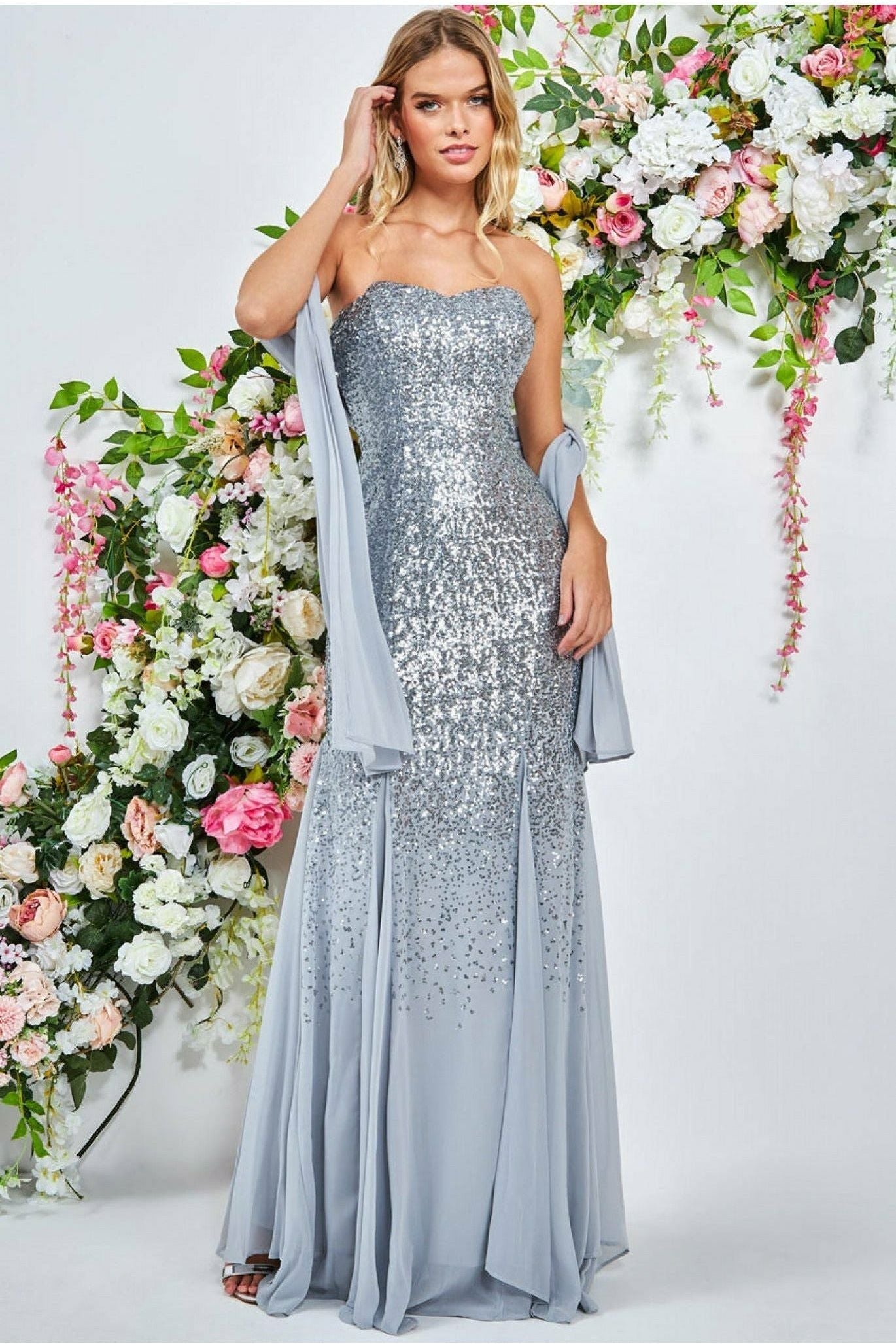 Bandeau Sequin & Chiffon Maxi With Scarf - Silver DR1049C