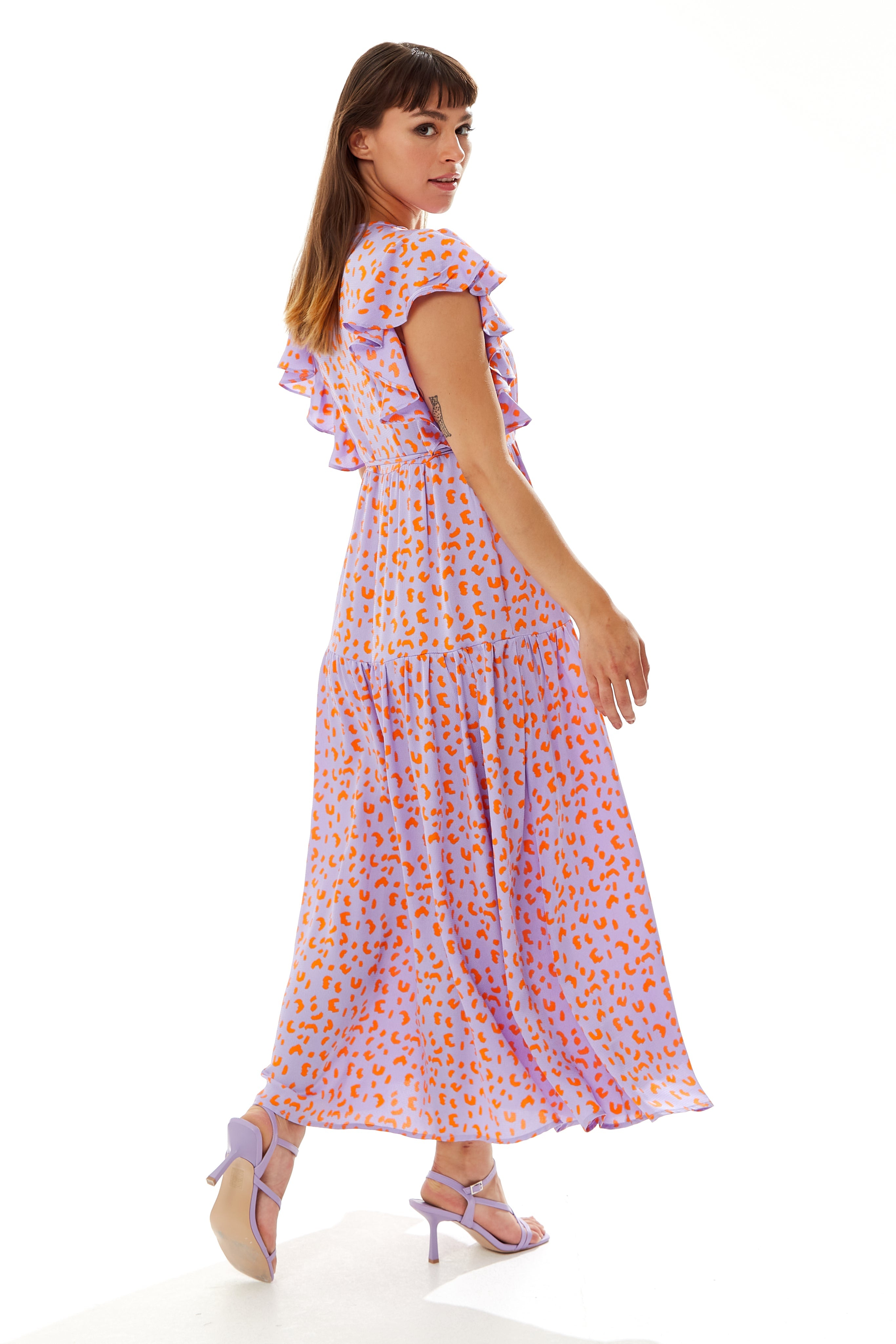 Cheetah Print Maxi Wrap Dress In Lilac And Orange B6-84-LIQ22SS020-B