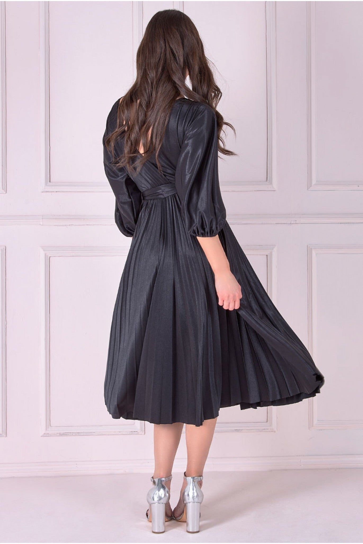 Satin Pleated Skirt Wrap Midi Dress - Black DR3921