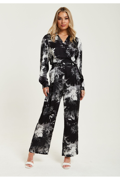 Multicolour - Mono Abstract Print Jumpsuit With Long Sleeves by Liquorish