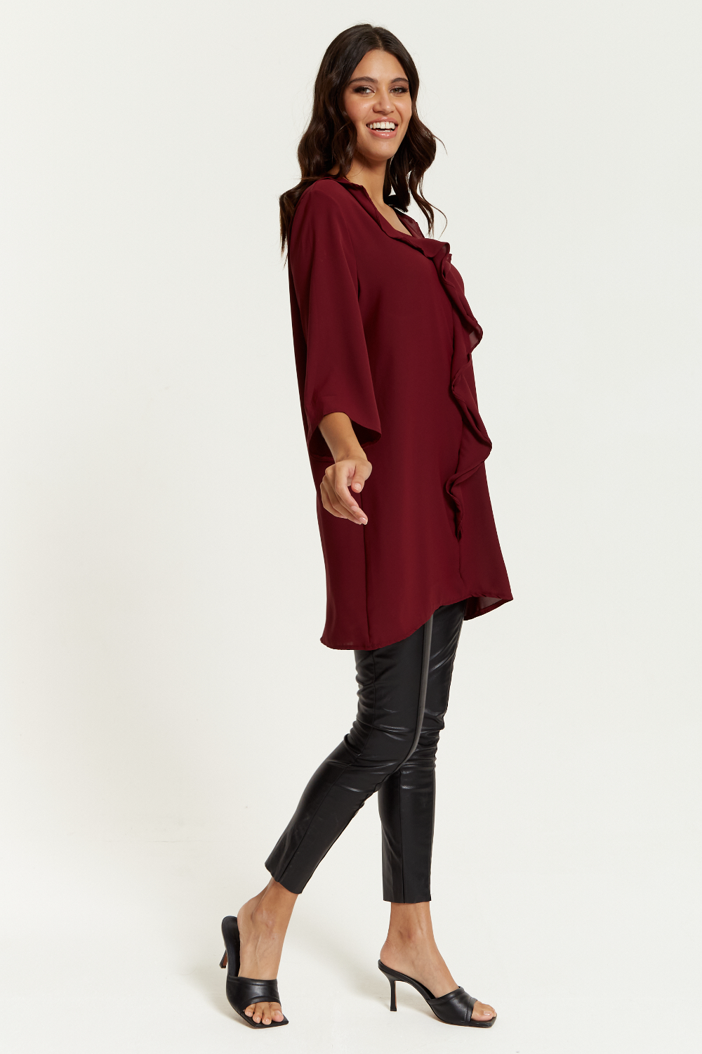 Oversized Frill Detailed 3/4 Sleeves Tunic Shirt in Burgundy GLR FASHION NETWORKING