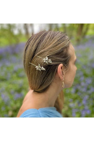 Silver - Wedding Hair Clips Silver Pearl Hair Slides Set Of 2 by QueenMee Accessories